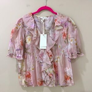NWT Lucky & Coco Linda Blouse Pink Floral Ruffle Pintuck Cottagecore Womens M